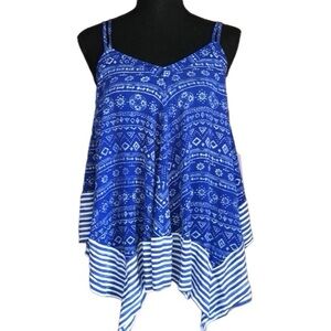Women’s Blue Bandana Printed Asymmetrical Handkerchief Hem Sleeveless Knit Tank